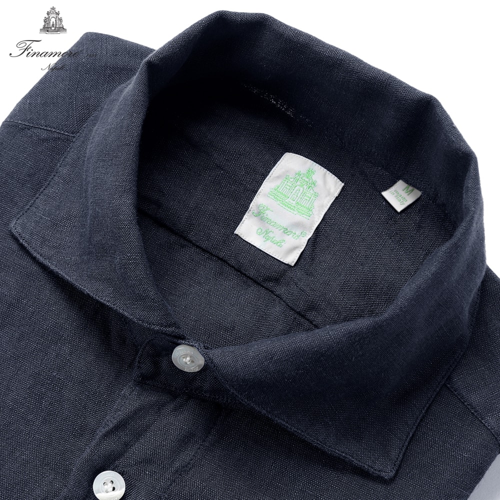 フィナモレ Finamore ／【国内正規品】／ 26SS 当店別注リネンポプリンワンピースカラーシャツ「PANTELLERIA」 （ネイビー） 【ラッピング対応】／ 春夏 メンズ イタリア 麻シャツ リネンシャツ ショート丈 製品洗い 無地