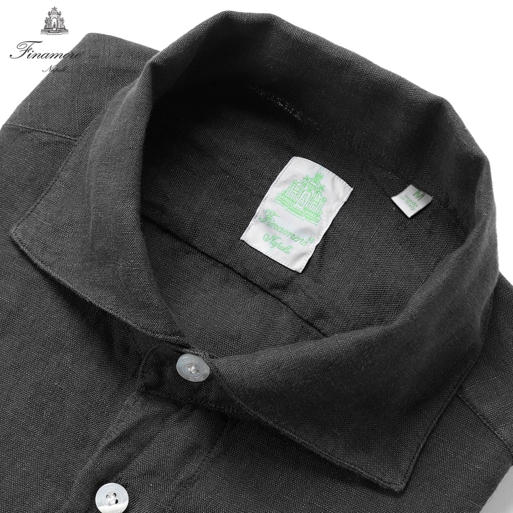フィナモレ Finamore ／【国内正規品】／ 26SS 当店別注リネンポプリンワンピースカラーシャツ「PANTELLERIA」 （ブラック） 【ラッピング対応】／ 春夏 メンズ イタリア 麻シャツ リネンシャツ ショート丈 製品洗い 無地