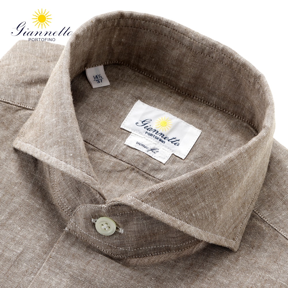 ジャンネット Giannetto ／【国内正規品】／ 26SS 製品洗いリネンコットンポプリンホリゾンタルカラーシャツ「84（VINCI FIT）」 （ブラウン） 【ラッピング対応】／ 春夏 メンズ イタリア ヴィンチフィット リネンシャツ 麻シャツ 無地