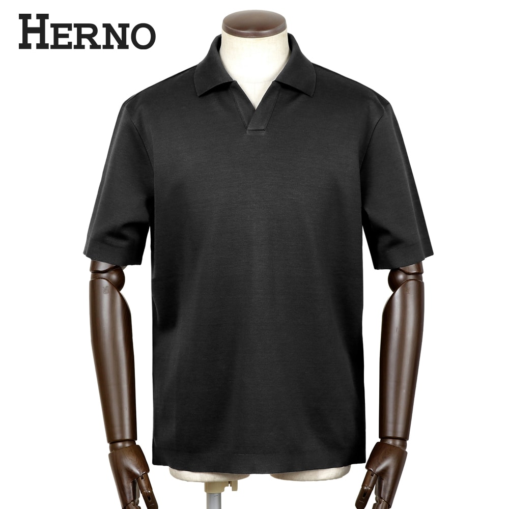 地獄ノ HERNO ／【国内置き目品】／ 26SS 編み物調綿織物プルオーバー半袖旗がしらスポーツシャツ「JV000004U」（黒いこと）【ラッピング相応う】／ 春夏 メンズ トップス 半袖スポーツシャツ 旗がしらポロ ニットソー