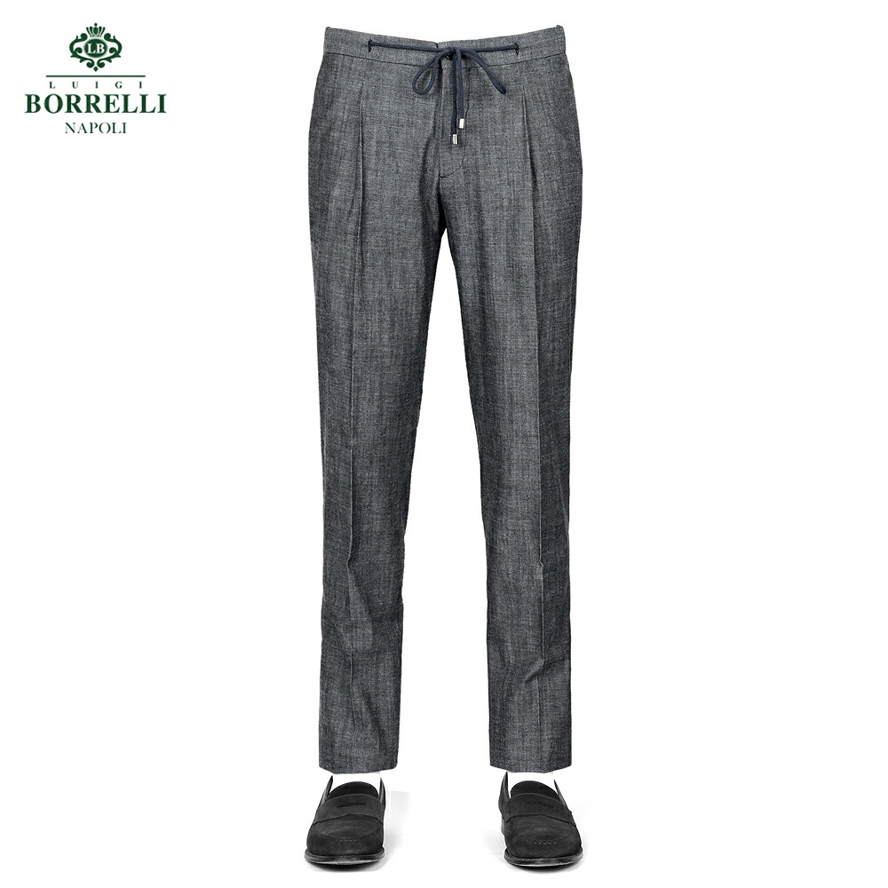 【尖んがり10倍】ルイジボレッリ ルイジボレリ LUIGI BORRELLI ／ 26SS コットンシャンブレー1プリーツドローコードパンツ「PTCO」（暗灰色薄墨色）【ラッピング相応う】／ メンズ イタリア共和国 春夏 綿織物ズボン下 無地