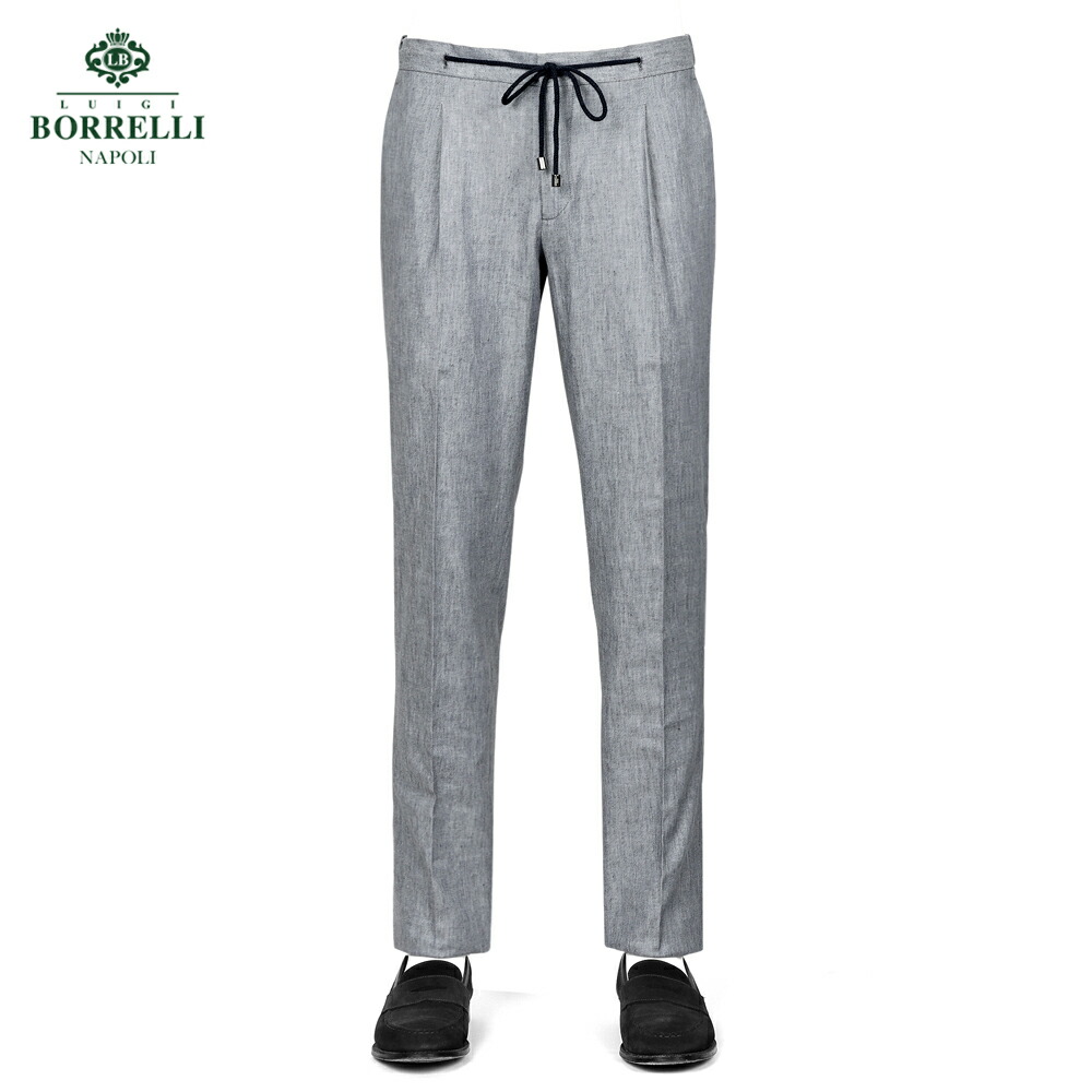 【尖んがり10倍】ルイジボレッリ ルイジボレリ LUIGI BORRELLI ／ 26SS コットンリネンストレッチツイル1プリーツドローコードパンツ「PTCO」（点火装置薄墨色）【ラッピング相応う】／ メンズ イタリア共和国 春夏 綿織物ズボン下 リネンズボン下 無地