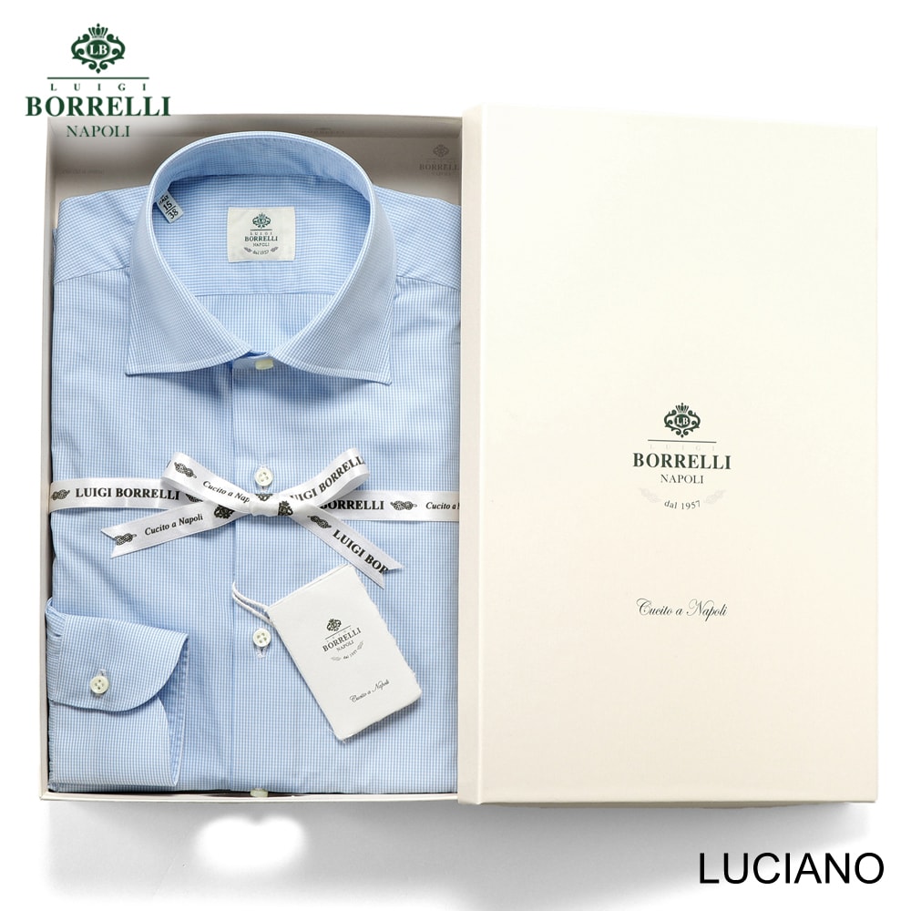 【尖んがり10倍】ルイジボレッリ ルイジボレリ LUIGI BORRELLI ／ 26SS コットンポプリンギンガムチェックセミワイドカラードレスシャツ「LUCIANO（なおなお書き10004）」（サキソフォン青碧×白いこと）【ラッピング相応う】／ メンズ イタリア共和国 手縫い 商行為 Yシャツ