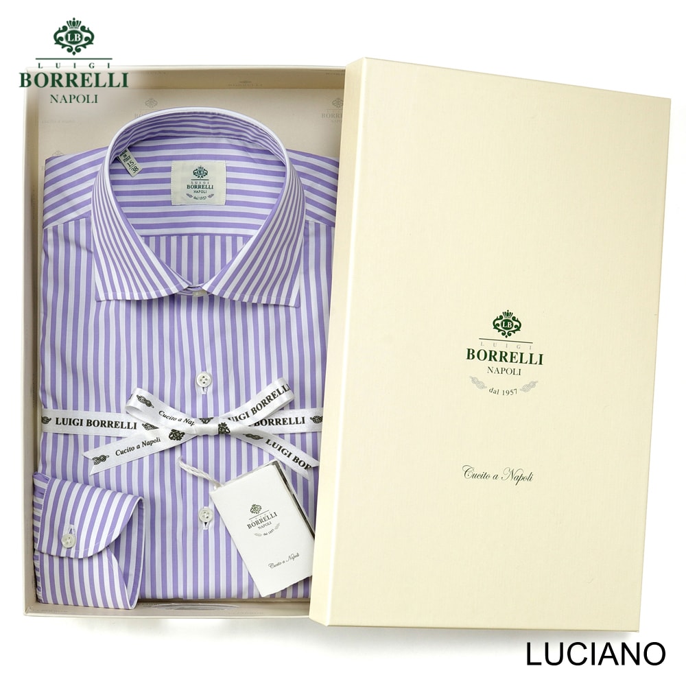 【尖んがり10倍】【訳あり】【返品・取り替えっこ不可】 ルイジボレッリ ルイジボレリ LUIGI BORRELLI ／ 26SS コットンポプリンストライプセミワイドカラードレスシャツ「LUCIANO（SR11002）」（ラベンダー×白いこと ／ 大きさ40）／ メンズ イタリア共和国 手縫い 商行為