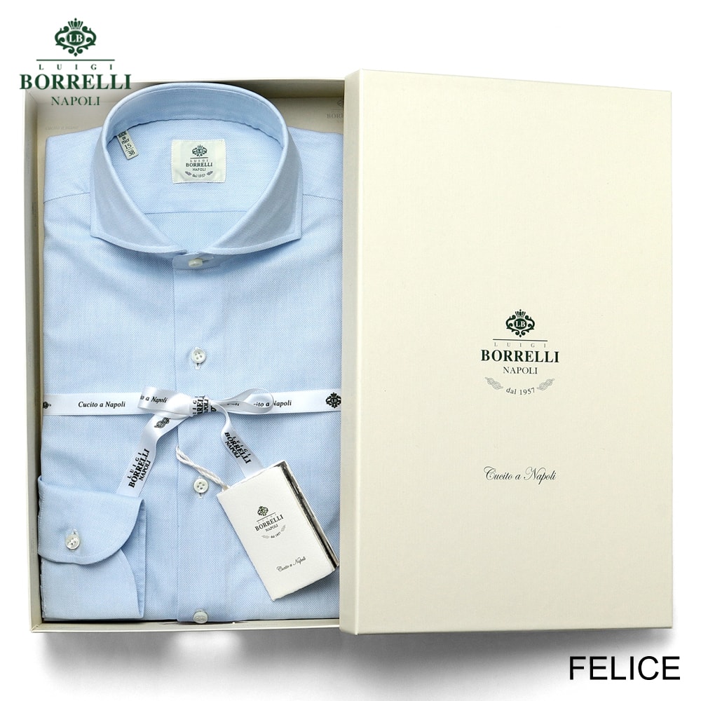 【尖んがり10倍】ルイジボレッリ ルイジボレリ LUIGI BORRELLI ／ 26SS コットンカラミ織りホリゾンタルカラードレスシャツ「FELICE（SR441056）」（サキソフォン青色）【ラッピング相応う】／ メンズ イタリア共和国 手縫い 商行為 Yシャツ フェリーチェ 無地