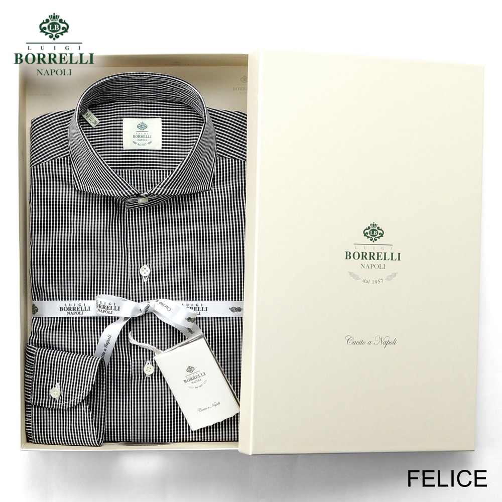 【尖んがり10倍】ルイジボレッリ ルイジボレリ LUIGI BORRELLI ／ 26SS コットンポプリンマイクロチェックホリゾンタルカラードレスシャツ「FELICE（SR441049）」（黒いこと×白いこと）【ラッピング相応う】／ メンズ イタリア共和国 手縫い 商行為 Yシャツ