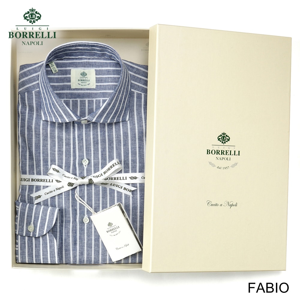 【尖んがり10倍】【訳あり】【返品・取り替えっこ不可】 ルイジボレッリ ルイジボレリ LUIGI BORRELLI ／ 26SS リネン綿織物逆ハイストライプワイドカラードレスシャツ「FABIO（SR11005）」（米国海軍×白いこと ／ 大きさ43）／ メンズ イタリア共和国 手縫い 商行為