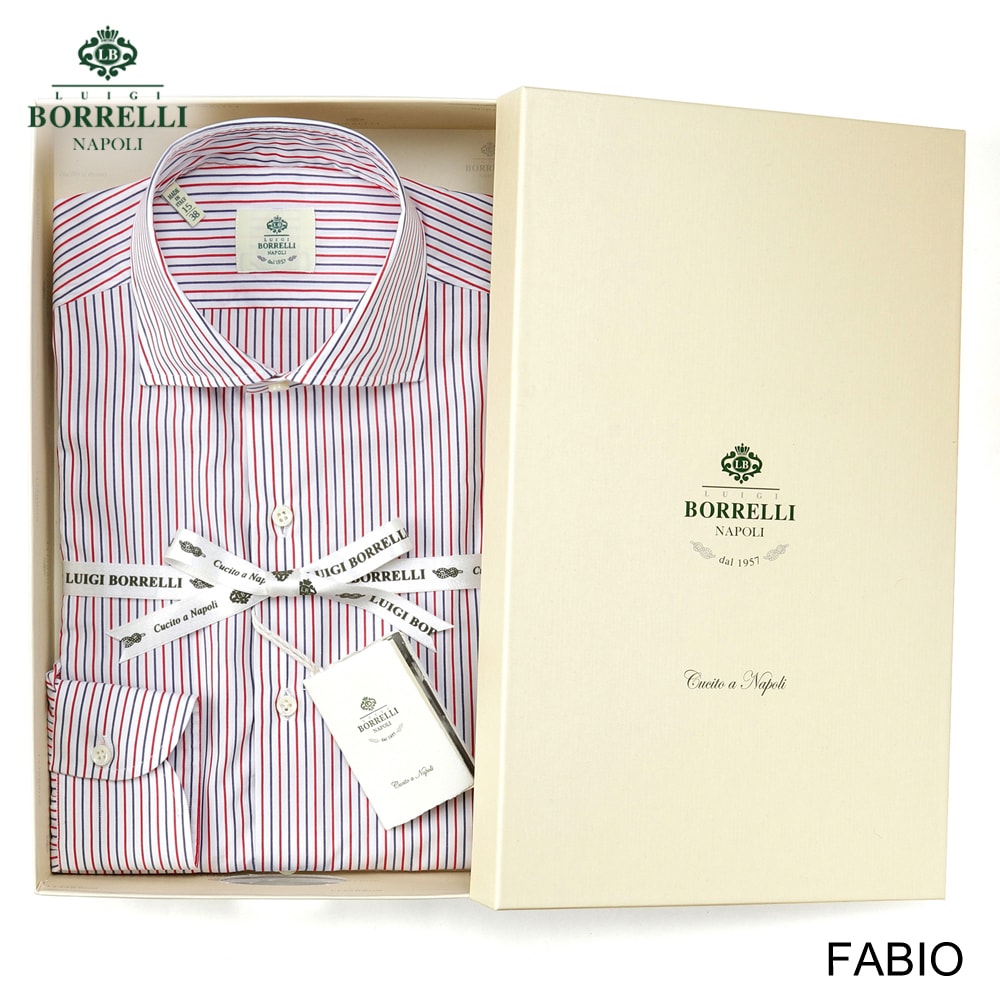 【尖んがり10倍】ルイジボレッリ ルイジボレリ LUIGI BORRELLI ／ 26SS コットンオルタネートストライプワイドカラードレスシャツ「FABIO（SR441049）」（白いこと×米国海軍×赤いこと）【ラッピング相応う】／ メンズ イタリア共和国 手縫い 商行為 Yシャツ ファビオ