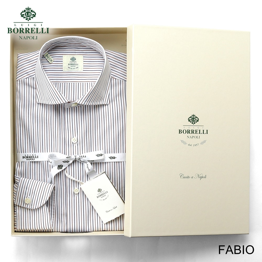 【尖んがり10倍】ルイジボレッリ ルイジボレリ LUIGI BORRELLI ／ 26SS コットンオルタネートストライプワイドカラードレスシャツ「FABIO（SR441049）」（白いこと×ベージュ×米国海軍）【ラッピング相応う】／ メンズ イタリア共和国 手縫い 商行為 Yシャツ ファビオ