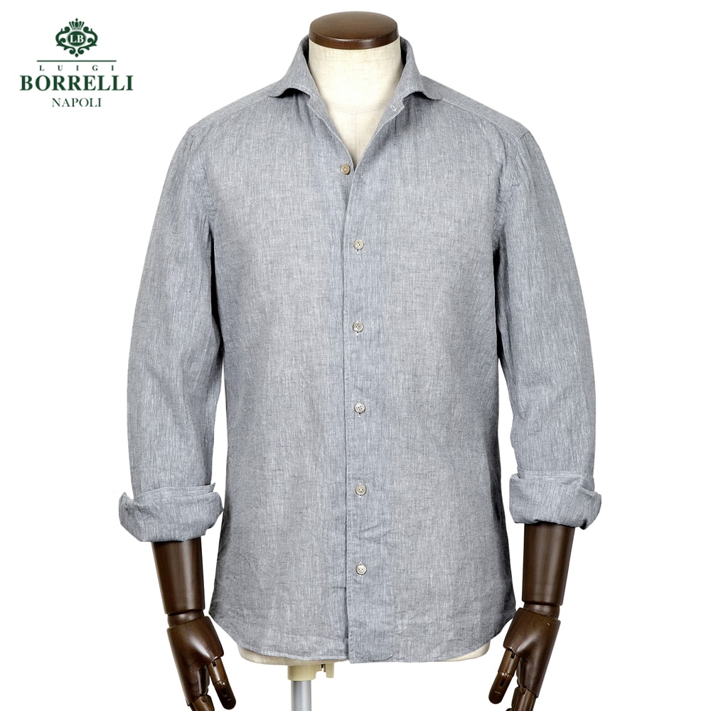 【尖んがり10倍】ルイジボレッリ ルイジボレリ LUIGI BORRELLI ／ 26SS リネンコットンポプリンイタリアンカラーカジュアルシャツ「VESUVIO-EX（LT11005）」（内燃機関薄墨色）【ラッピング相応う】／ イタリア共和国 心地よいプルオーバー メンズ ヴェスヴィオ 無地