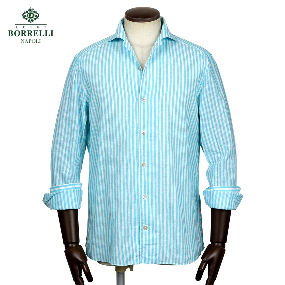 【ポイント10倍】 ルイジボレッリ ルイジボレリ LUIGI BORRELLI ／ 26SS リネンコットンポプリンストライプイタリアンカラーカジュアルシャツ「VESUVIO-EX（LT11005）」（ターコイズ×ホワイト）【ラッピング対応】／ イタリア カジュアルシャツ メンズ ヴェスヴィオ
