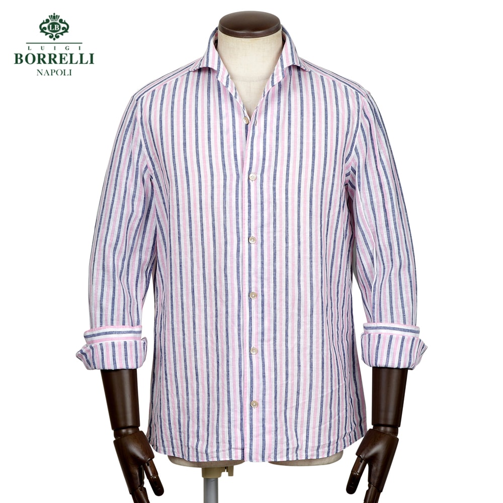 【ポイント10倍】 ルイジボレッリ ルイジボレリ LUIGI BORRELLI ／ 26SS リネンコットンポプリンオルタネートストライプイタリアンカラーカジュアルシャツ「VESUVIO-EX（LT11005）」（ネイビー×ピンク×ホワイト）【ラッピング対応】／ イタリア カジュアルシャツ