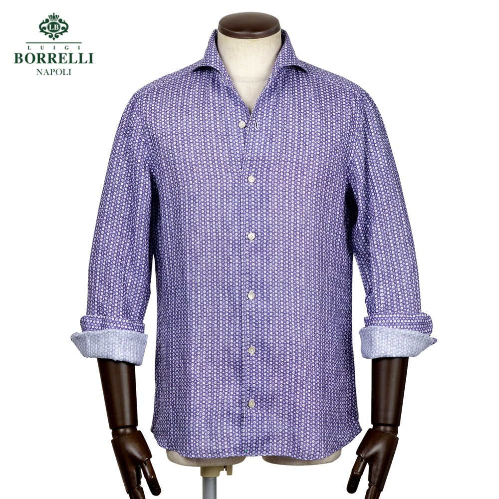 【ポイント10倍】 ルイジボレッリ ルイジボレリ LUIGI BORRELLI ／ 26SS リネンポプリン小花柄プリントイタリアンカラーカジュアルシャツ「VESUVIO-EX（LT11021）」（パープル×ホワイト）【ラッピング対応】／ イタリア カジュアルシャツ メンズ 小花柄