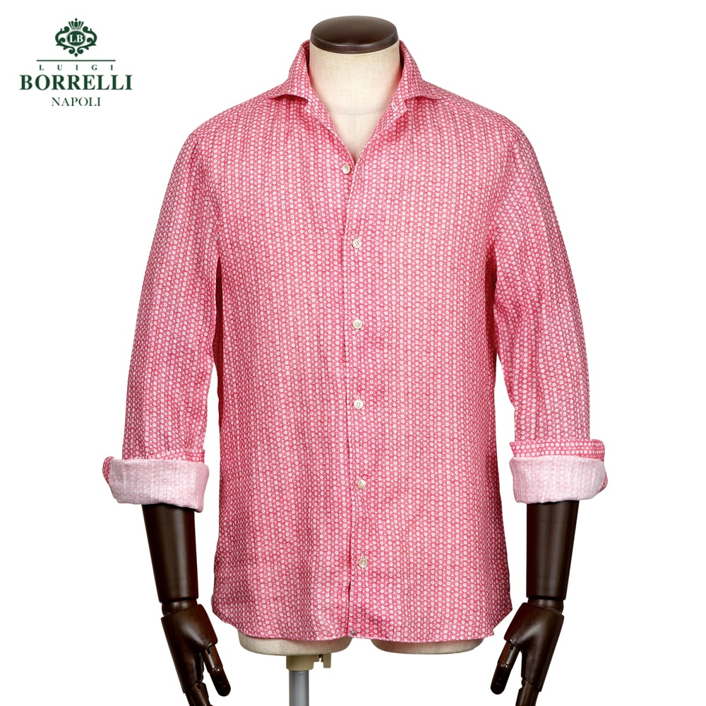 【ポイント10倍】 ルイジボレッリ ルイジボレリ LUIGI BORRELLI ／ 26SS リネンポプリン小花柄プリントイタリアンカラーカジュアルシャツ「VESUVIO-EX（LT11021）」（レッド×ホワイト）【ラッピング対応】／ イタリア カジュアルシャツ メンズ ヴェスヴィオ 小花柄