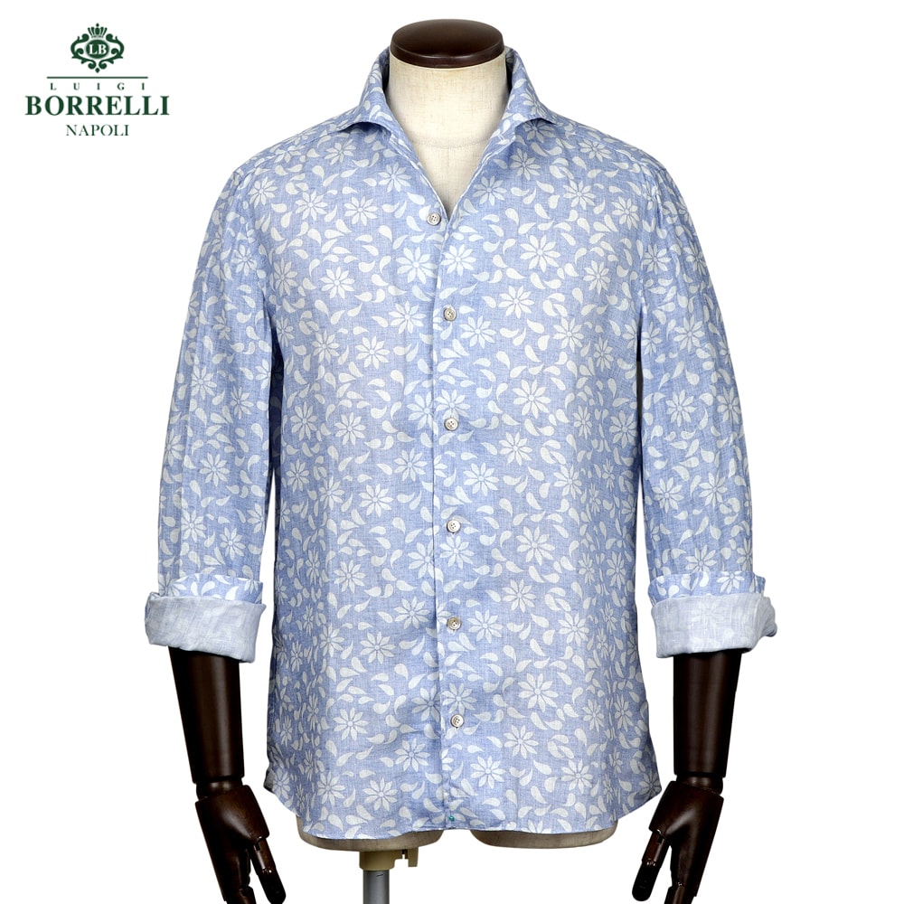 【ポイント10倍】 ルイジボレッリ ルイジボレリ LUIGI BORRELLI ／ 26SS リネンポプリン花柄プリントイタリアンカラーカジュアルシャツ「VESUVIO-EX（LT11021）」（ブルー×ホワイト）【ラッピング対応】／ イタリア カジュアルシャツ メンズ ヴェスヴィオ 花柄