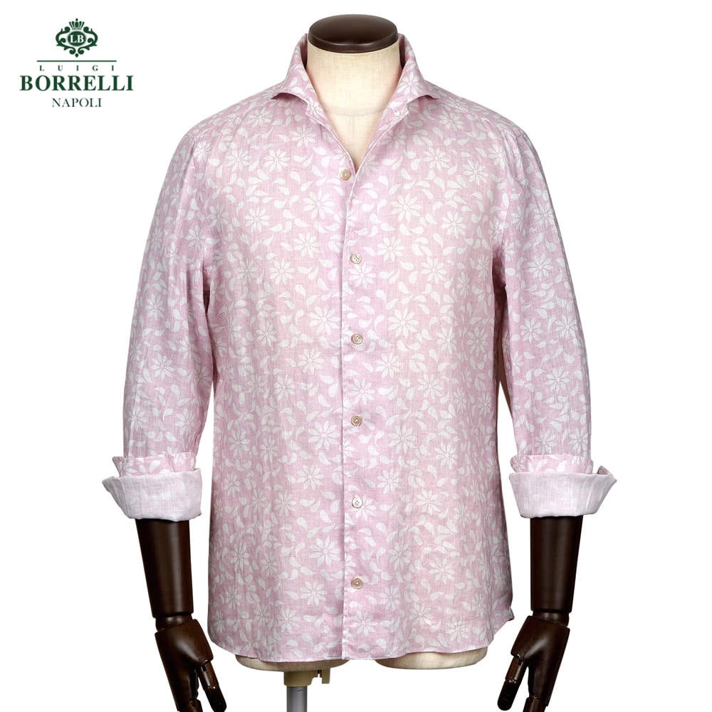 【ポイント10倍】 ルイジボレッリ ルイジボレリ LUIGI BORRELLI ／ 26SS リネンポプリン花柄プリントイタリアンカラーカジュアルシャツ「VESUVIO-EX（LT11021）」（ピンク×ホワイト）【ラッピング対応】／ イタリア カジュアルシャツ メンズ ヴェスヴィオ 花柄