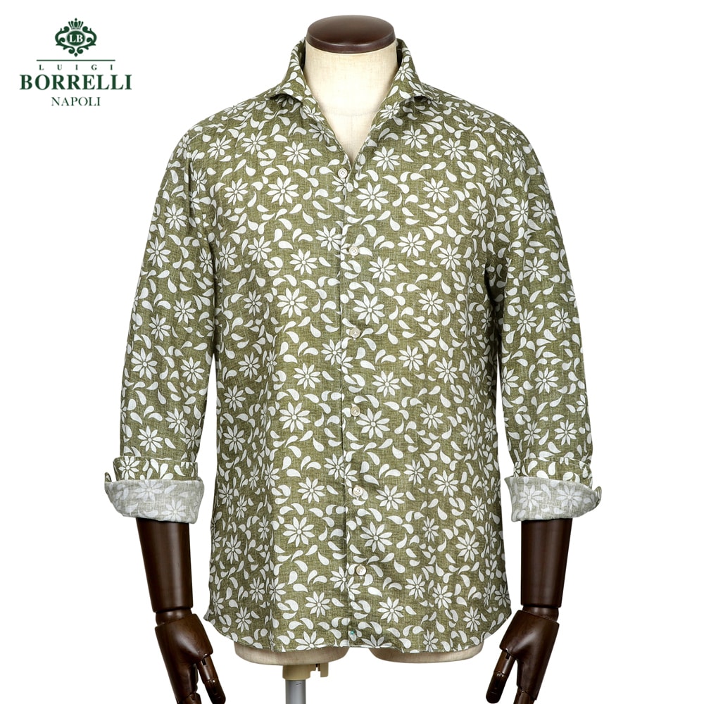 【ポイント10倍】 ルイジボレッリ ルイジボレリ LUIGI BORRELLI ／ 26SS リネンポプリン花柄プリントイタリアンカラーカジュアルシャツ「VESUVIO-EX（LT11021）」（オリーブ×ホワイト）【ラッピング対応】／ イタリア カジュアルシャツ メンズ ヴェスヴィオ 花柄