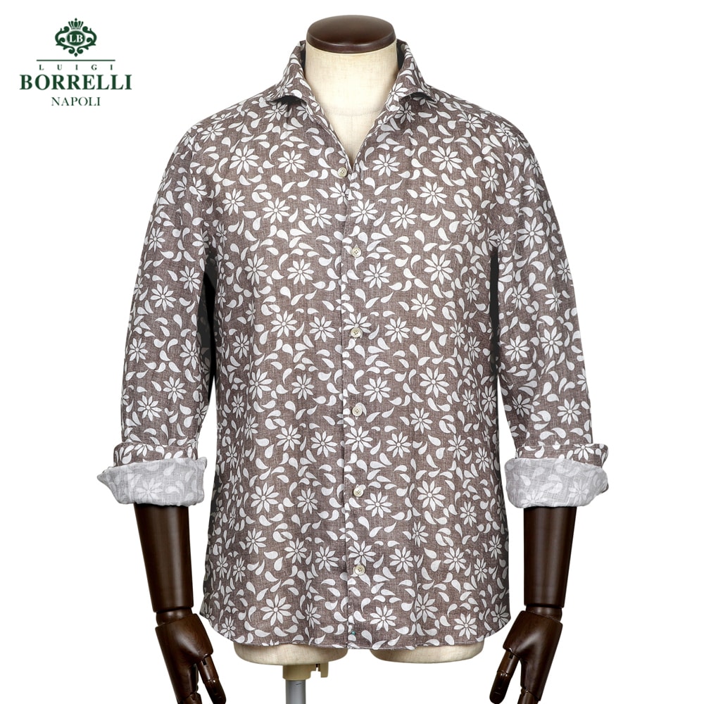 【ポイント10倍】 ルイジボレッリ ルイジボレリ LUIGI BORRELLI ／ 26SS リネンポプリン花柄プリントイタリアンカラーカジュアルシャツ「VESUVIO-EX（LT11021）」（ブラウン×ホワイト）【ラッピング対応】／ イタリア カジュアルシャツ メンズ ヴェスヴィオ 花柄