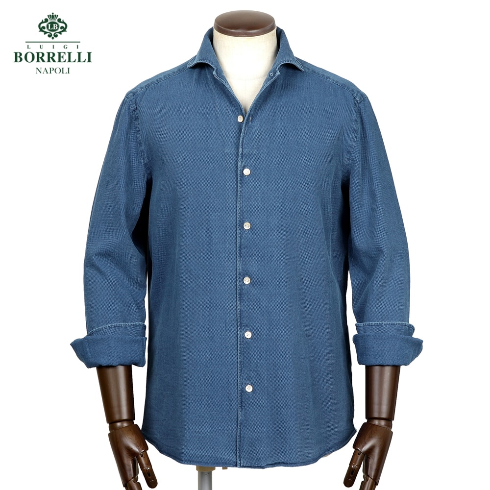 【ポイント10倍】 ルイジボレッリ ルイジボレリ LUIGI BORRELLI ／ 26SS コットンカラミ織りイタリアンカラーカジュアルシャツ「VESUVIO-EX（LT11020）」（インディゴ）【ラッピング対応】／ イタリア カジュアルシャツ メンズ ヴェスヴィオ 無地