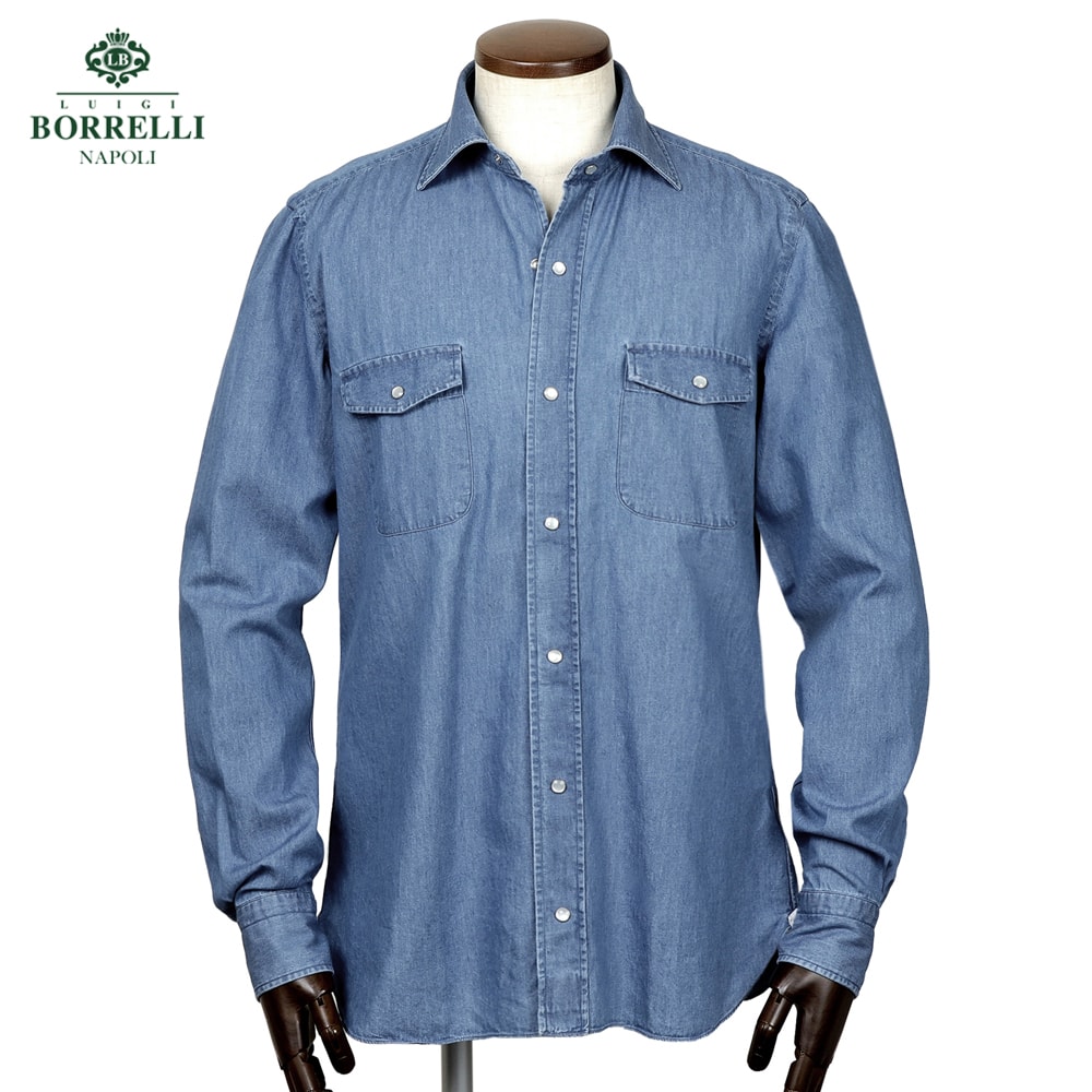 【ポイント10倍】ルイジボレッリ ルイジボレリ LUIGI BORRELLI ／ 26SS コットンダンガリーセミワイドカラーカジュアルシャツ「SAFARI（LT11017）」（インディゴ）【ラッピング対応】／ イタリア カジュアルシャツ メンズ サファリ 無地｜粋な着こなし　店