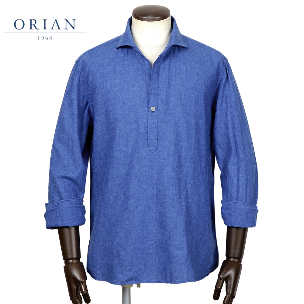 【ポイント10倍】オリアン ORIAN ／【国内正規品】／ 26SS 製品洗いリネンコットンポプリンプルオーバーシャツ「KH30F」 （ロイヤルブルー） 【ラッピング対応】／ 春夏 メンズ イタリア スキッパーシャツ 麻 無地