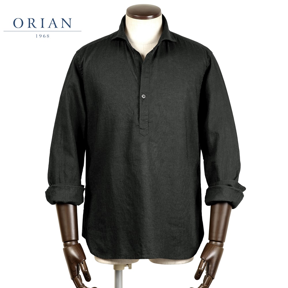 【ポイント10倍】オリアン ORIAN ／【国内正規品】／ 26SS 製品洗いリネンコットンポプリンプルオーバーシャツ「KH30F」 （ブラック） 【ラッピング対応】／ 春夏 メンズ イタリア スキッパーシャツ 麻 無地