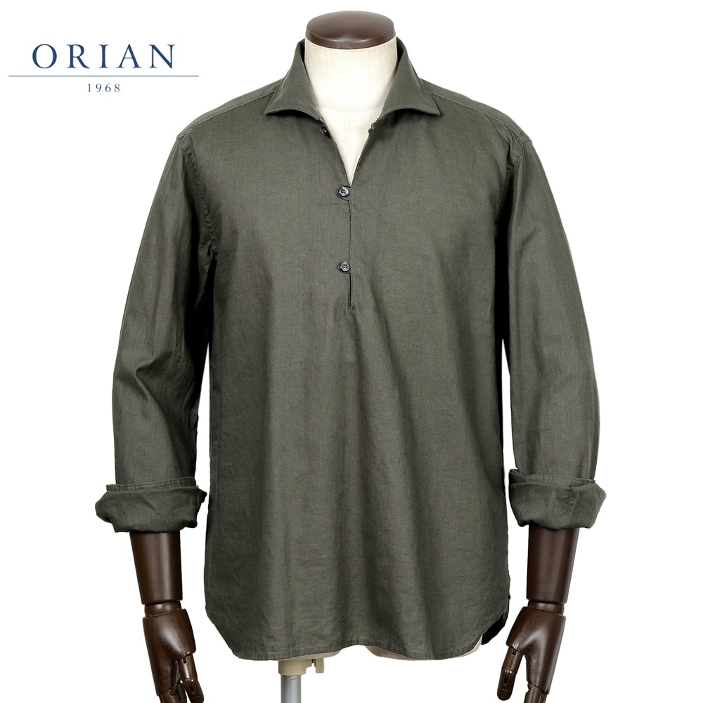 【ポイント10倍】オリアン ORIAN ／【国内正規品】／ 26SS 製品洗いリネンコットンポプリンカプリシャツ「KH40F」 （オリーブ） 【ラッピング対応】／ 春夏 メンズ イタリア カジュアルシャツ 麻シャツ 無地