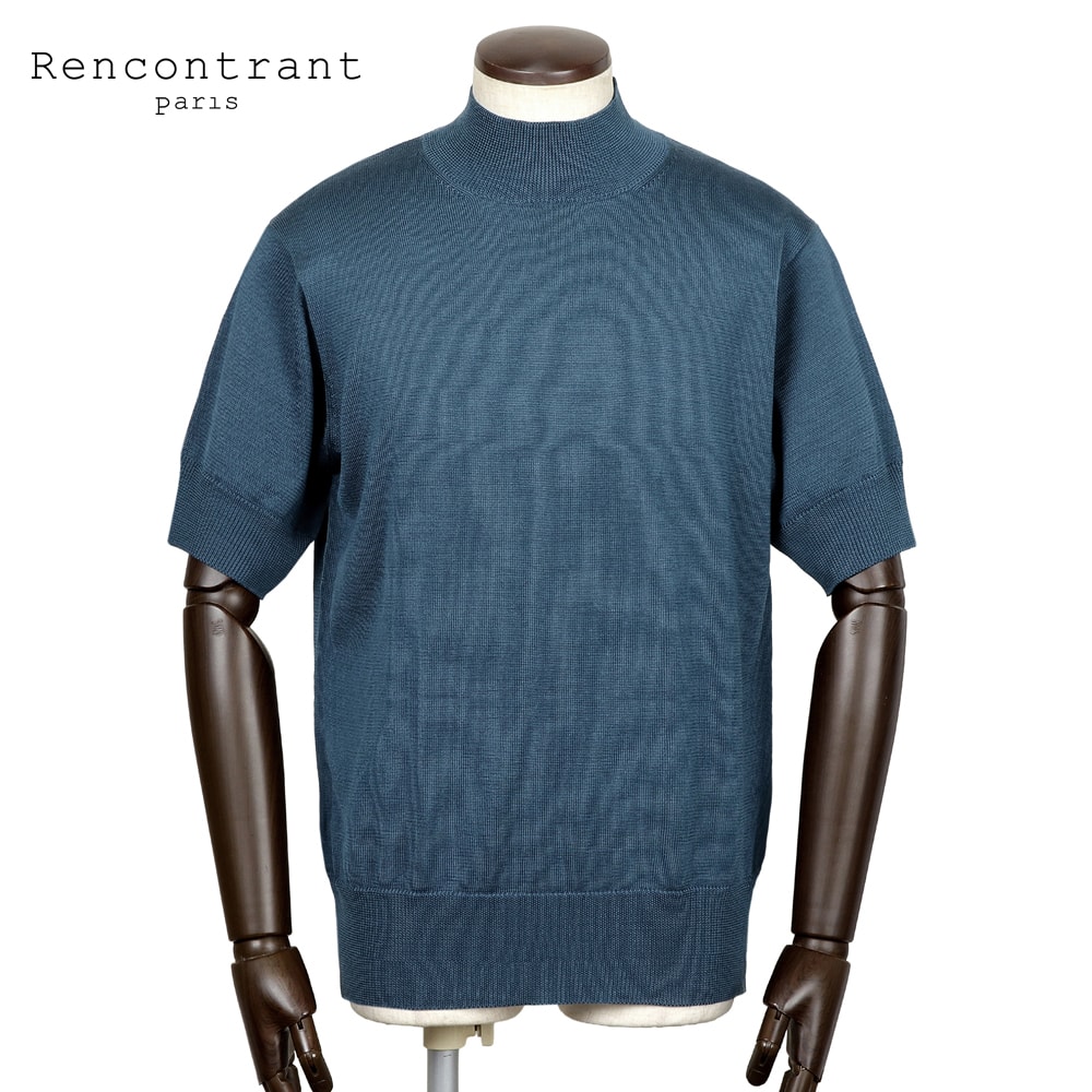 【ポイント10倍】レンコントラント Rencontrant ／【国内正規品】／ 最高級マルベリーシルク12ゲージ半袖モックネックニット「10113」 （ネイビーブルー） 【ラッピング対応】／ 春夏 メンズ 日本 半袖ニット ウォッシャブル フランス 無地