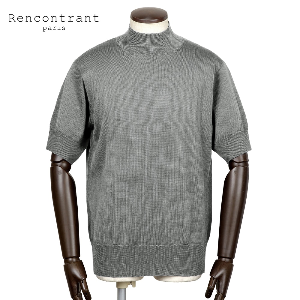 【ポイント10倍】レンコントラント Rencontrant ／【国内正規品】／ 最高級マルベリーシルク12ゲージ半袖モックネックニット「10113」 （ミディアムグレー） 【ラッピング対応】／ 春夏 メンズ 日本 半袖ニット ウォッシャブル フランス 無地