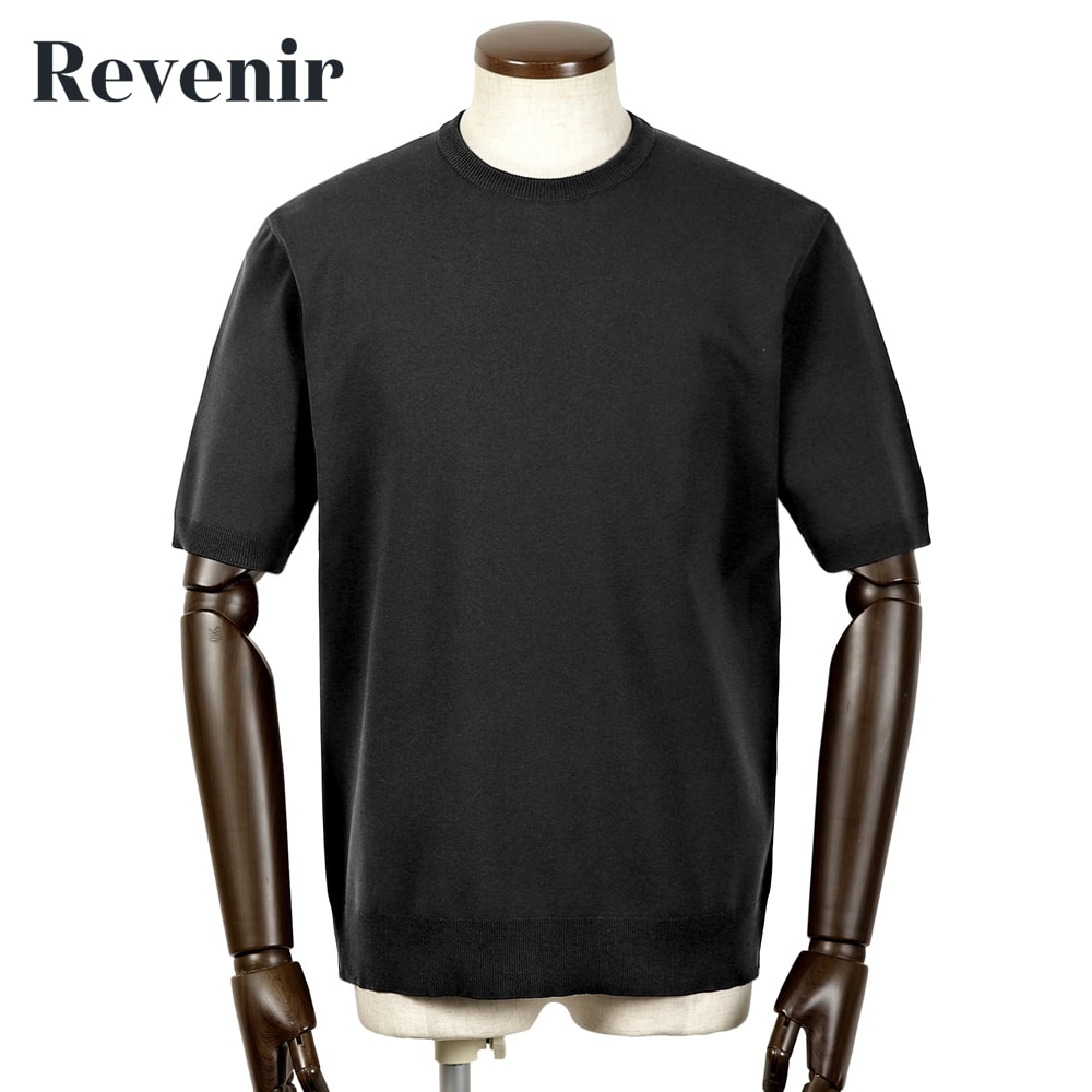 【10%OFFクーポン券】リブニール Revenir ／【国内置き目品】／ ウォッシャブルコットンポリエステル18ゲージ半袖クルーネックニットソー「INT-009」（黒いこと）【ラッピング相応う】／ 大売り出しとり捨てる品 オール時節 メンズ 半袖編み物 編み物プルオーバー