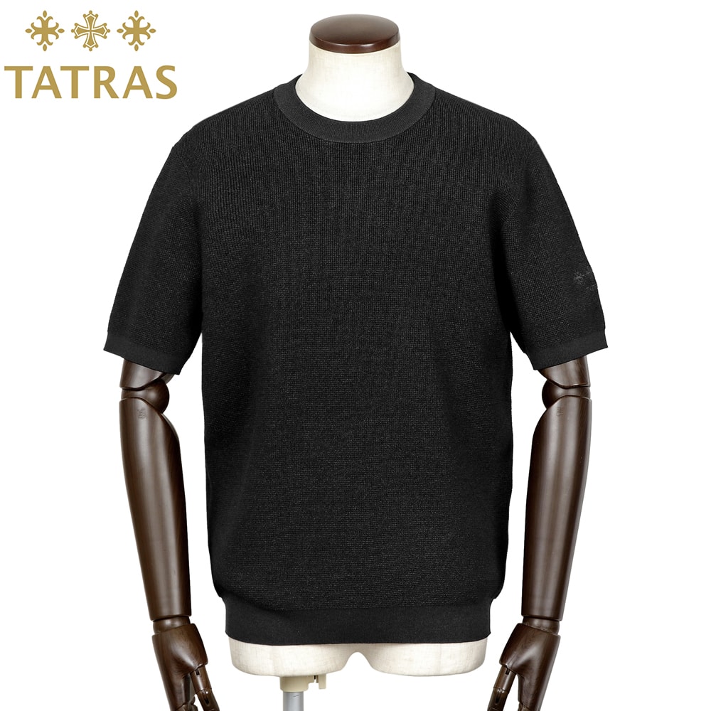 タトラス TATRAS ／【国内定まり品】／ ウォッシャブル和紙混左袖刺しゅうロゴタイプ半袖クルーネックニット「DEOPE」（黒いこと）【ラッピング相応う】／ デオペ MCKZ0451053588 春夏 遊撃手衣手 編み物プルオーバー