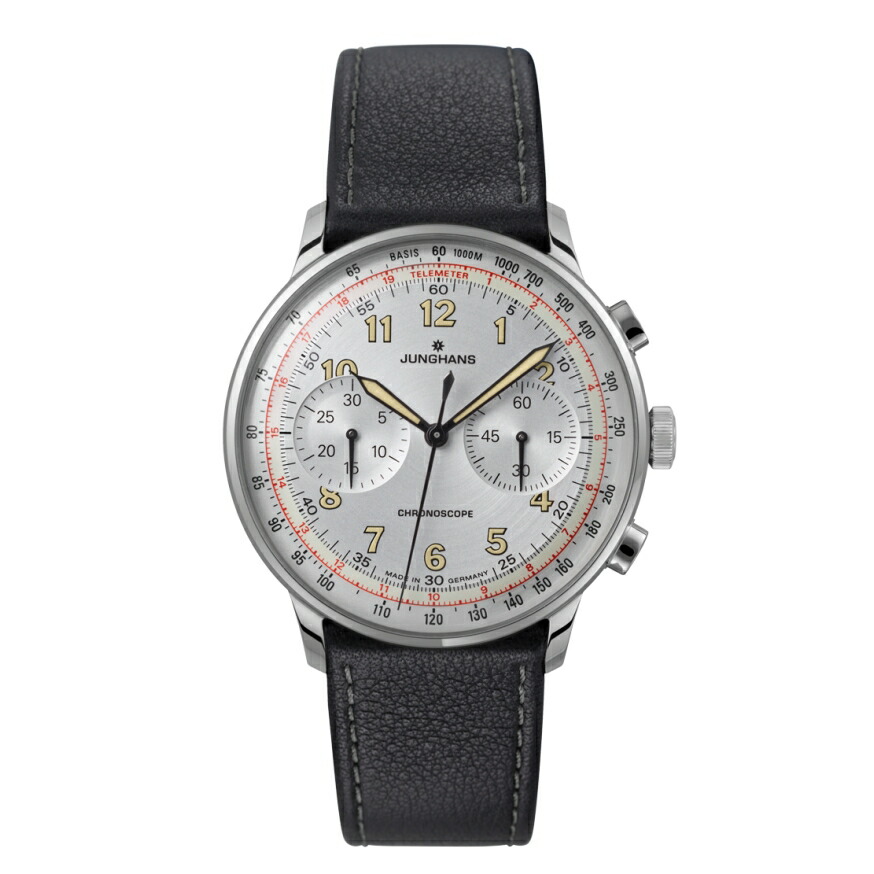 ユンハンス JUNGHANS マイはやりっ子 テレ米突 自動小銃一巻き クロノグラフ しろがね色文字記号盤 カーフストラップ ＦＲＧ製 027/3380.00【027338000】