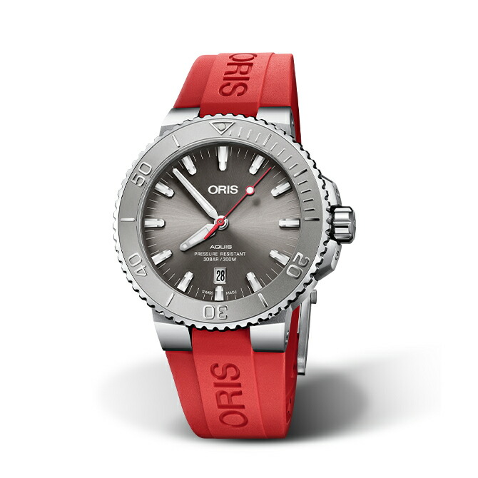 オリス ORIS アクイスデイト 浮彫り Aquis 30空圧雨合羽 自動小銃一巻き 薄墨色文字盤 43,5粍 ステンレス鋼入れもの レッドラバーストラップ 01 733 7730 4153-07 4 24 66EB【0173377304153-0742466EB】