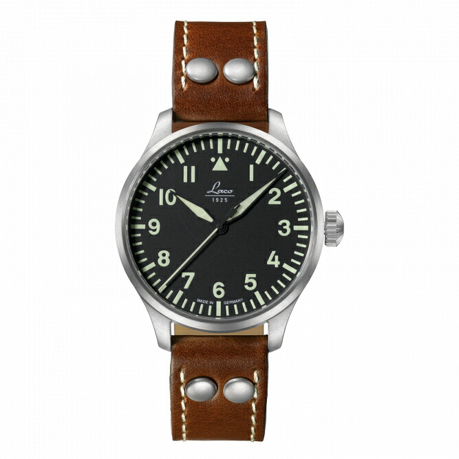 Laco ラコ Pilot Augsburg39 アウグスブルク 自動小銃一巻き 39粍 黒いこと文字盤 ステンレス鋼入れもの ブラウンカーフストラップ 5空圧雨合羽 日本国内置き目品 2年引き受ける ＦＲＧ製 861988