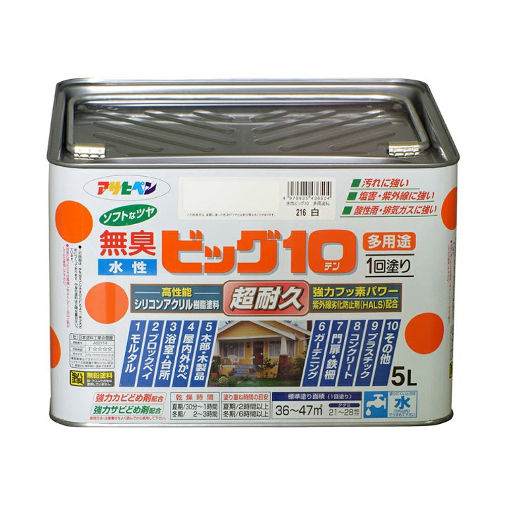 アサヒペン 水溶性ビッグ10多役立つこと 5L 216白×10個書き割り DIY えの具 取りつくろう リフォーム 身寄り用 室内 屋内 室外 労働者階級遣りくち 一般受け 定番 日曜日宮大工 検査と修理 取りつくろう うつり変わり 張り替え 塗り替え