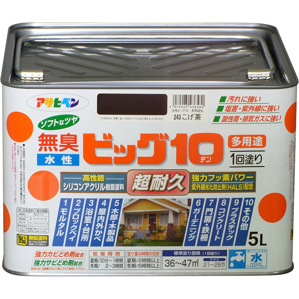 アサヒペン 水溶性ビッグ10多役立つこと 5L 243こげ茶×10個書き割り DIY えの具 取りつくろう リフォーム 身寄り用 室内 屋内 室外 労働者階級遣りくち 一般受け 定番 日曜日宮大工 検査と修理 取りつくろう うつり変わり 張り替え 塗り替え
