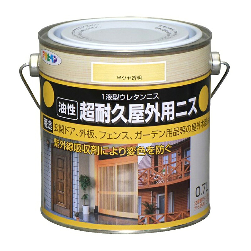 アサヒペン 超耐久屋外用ニス 0.7L 半ツヤ透明&times;10個セット DIY 塗料 補修 リフォーム 家庭用 室内 屋内 屋外 プロ仕様 人気 定番 日曜大工 メンテナンス 改修 模様替え 張り替え 塗り替え｜ikkyu