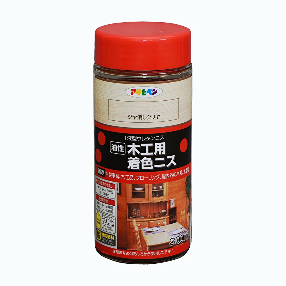 アサヒペン 木工用着色ニス 300ml ツヤ消しクリヤ&times;24個セット DIY 塗料 補修 リフォーム 家庭用 室内 屋内 屋外 プロ仕様 人気 定番 日曜大工 メンテナンス 改修 模様替え 張り替え 塗り替え｜ikkyu