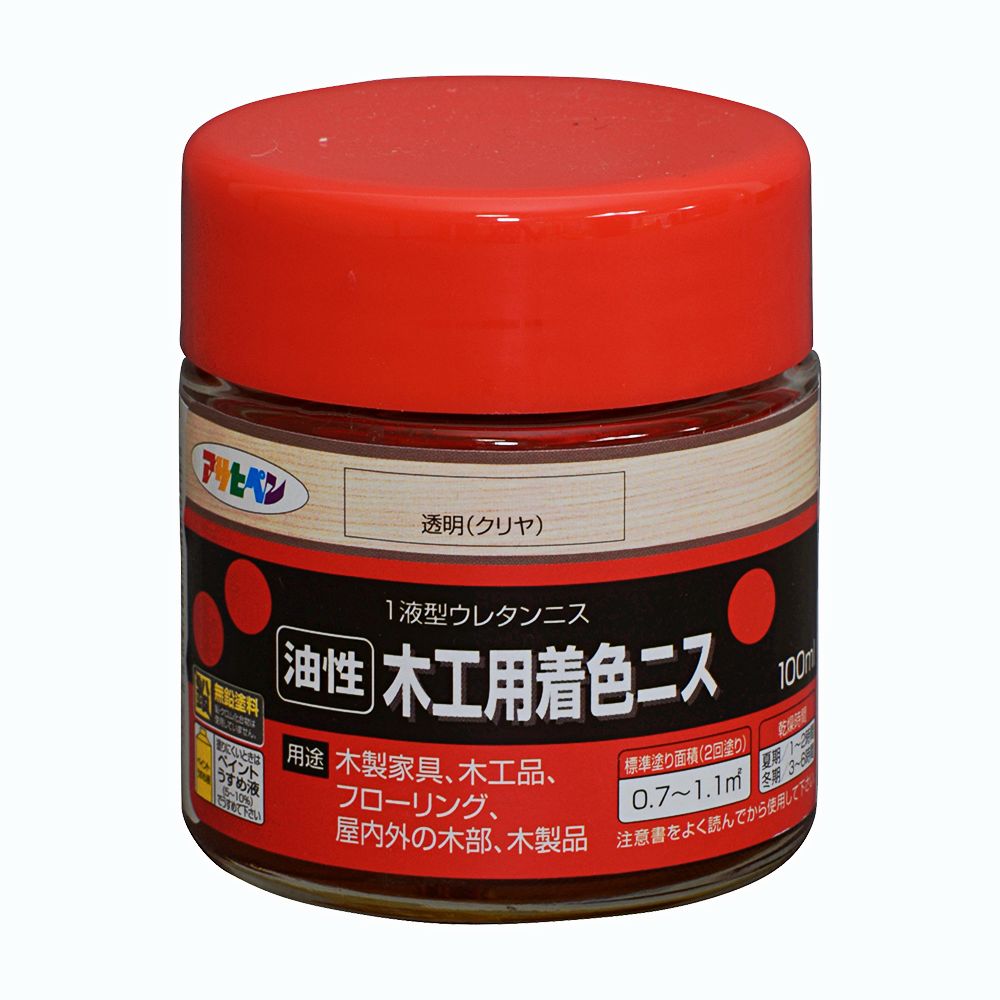 アサヒペン 木工用着色ニス 100ml 透明(クリヤ)&times;24個セット DIY 塗料 補修 リフォーム 家庭用 室内 屋内 屋外 プロ仕様 人気 定番 日曜大工 メンテナンス 改修 模様替え 張り替え 塗り替え｜ikkyu