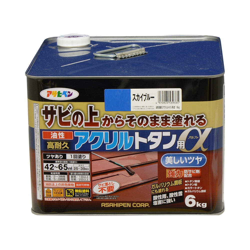 アサヒペン 油性高耐久アクリルトタンα 6kg スカイブルー&times;24個セット DIY 塗料 補修 リフォーム 家庭用 室内 屋内 屋外 プロ仕様 人気 定番 日曜大工 メンテナンス 改修 模様替え 張り替え 塗り替え｜ikkyu