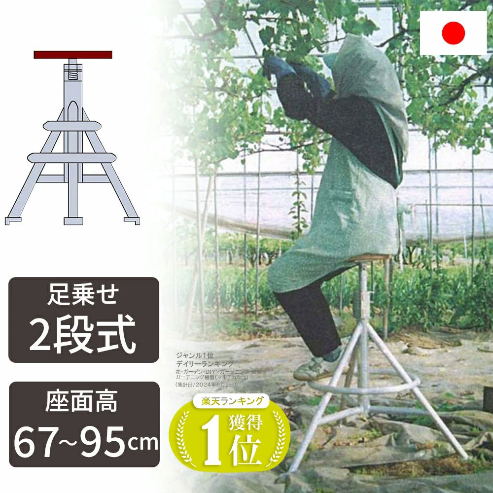 【摘果・剪定作業におすすめ！】棚下用回転イス 足置き2段タイプ 高さ調整 67-95cm 軽量 アルミ製 木製座面 摘果 剪定 果樹園 日本製 作業台 収穫 国産 ミツル