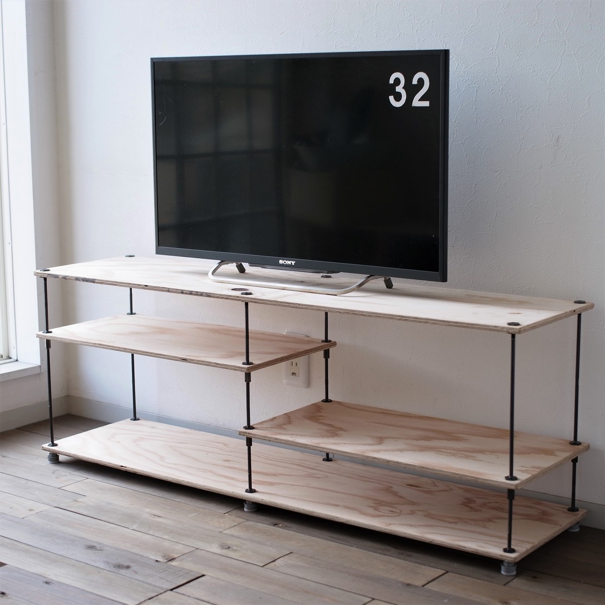 wood iron shelf 440*1200*300〈自然的色〉アイアン 棚 仕合わせ シェルフ 木材 鉄 木 納める棚 アンティーク インダストリアル 開けっ広げ仕合わせ 両面棚 段違い棚 観葉草木 見せびらかす TV台 テレビ受像機台 置き目ゲーム盤 テレビ受像機ゲーム盤