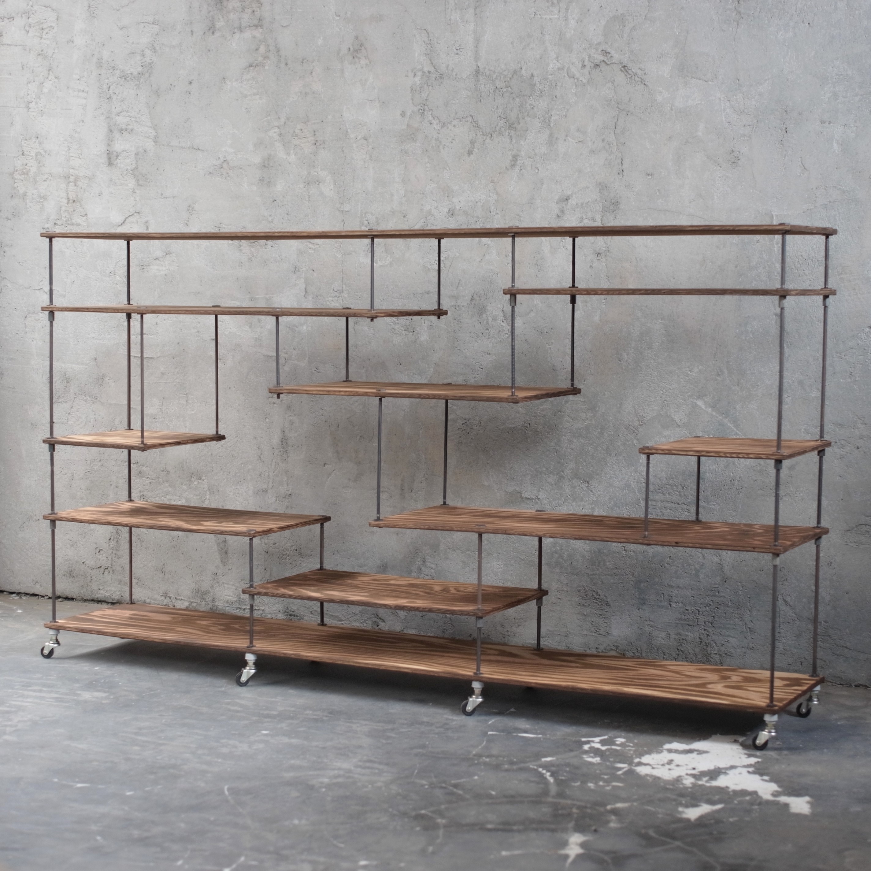 wood iron shelf 1100*1800*300 オープンラック 大型 ラック シェルフ オープンシェルフ アンティーク オープン棚 アイアンラック アイアン 棚 シェルフ ウッド 鉄 木 収納棚 オープンラック 両面棚 段違い棚 パーテーション 植物 ディスプレイ 店舗什器 茶色 ブラウン