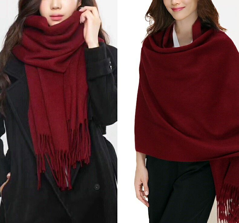 楽天市場 新入荷 極上ラムウール100 ラグジュアリー 厚手 大判ストール ショール Wool 暖かマフラー 男女問わず お洒落 ワインレッド Ikue楽天市場店