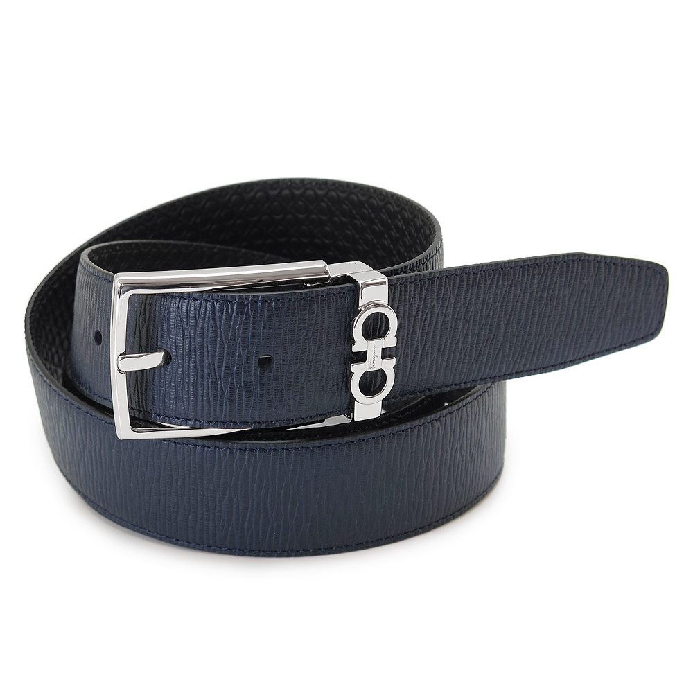 Salvatore Ferragamo Fjord Blue and Black Calf Leather Reversible Belt