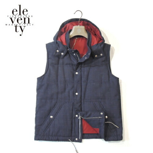 【定価10.2万・新品・M】 eleventy PLATINUM（イレブンティ）ウールシルクリネン キルティングフーデッドベスト ネイビー SP025011【60％OFF】