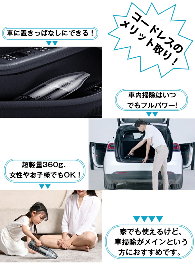 楽天市場 車載に最適 ハンディクリーナー コードレス カークリーナー ハンドクリーナー 車用掃除機 コードレス掃除機 軽量 車内 掃除機 吸引力 高い おしゃれ 充電式 車載 車用 対応 おすすめ ミニ掃除機 乾湿両用 強吸引力 強力 小型 静音 送料無料 クリスマス Ilemon