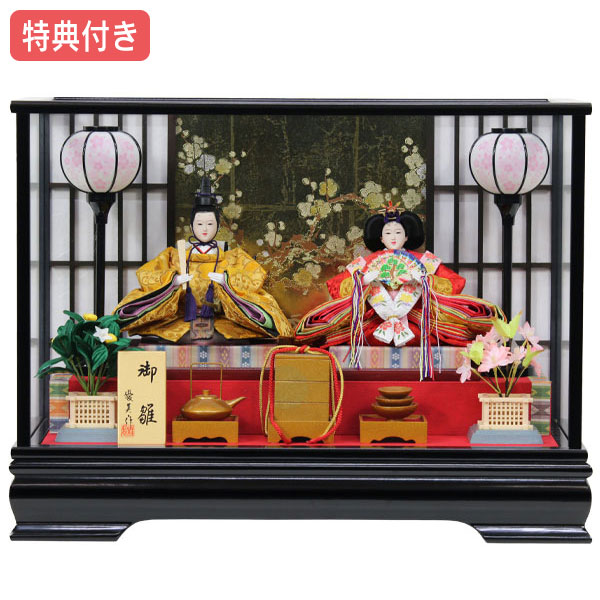 ◆特典付き×31%OFF【展示現品】 雛人形 ひな人形 衣裳着人形 ケース飾り 親王飾り 送料無料 桃の節句 ひな祭り お雛様/映え 【361S23】 小三五2人飾り 優美 黒 ブラック 金屏風風 おしゃれなケース飾り 【数量限定】|アイルインテリアエクセル
