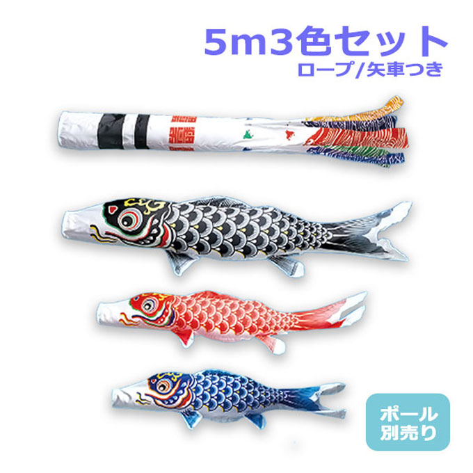送料＆加工料込 ポール付フルセット鯉のぼり☆ナイロン鯉幟６ｍ３匹祥龍するするポール(肉厚強力張綱不要)付B☆省スペース少人数設置可能☆綺麗に 泳ぐこいのぼり 通販