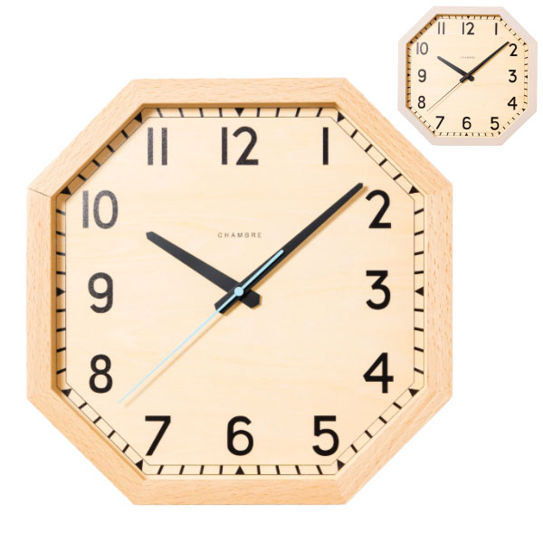 POP レトロ 掛け時計 OCTAGON CLOCK【NATURAL】【GRAY】CH-054BC/CH-054GY スタイリッシュ ブラウン秒針 水色秒針 北欧 インテリア CHAMBRE シャンブル